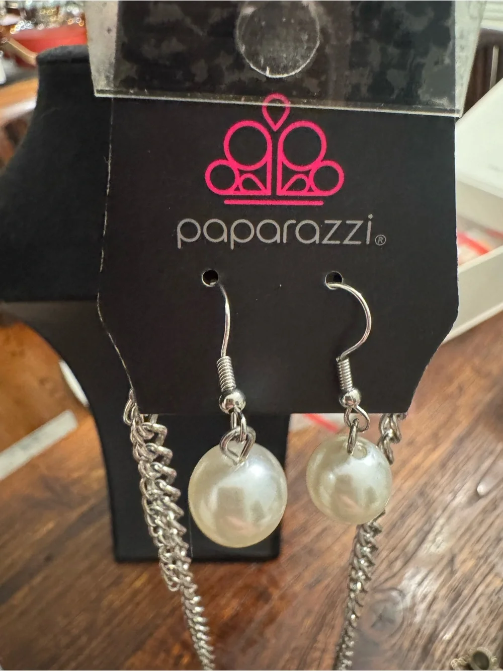 Paparazzi Layered Silver Tone Chain Faux Pearl Necklace & Earrings Set